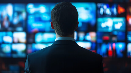 Male News Presenter in Broadcasting Studio.