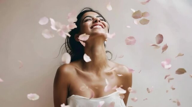A joyful woman in a strapless top smiles upwards as pink petals fall around her. Captured in a close-up angle, resembling a serene video moment.