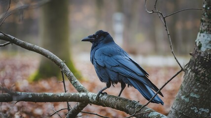 Obraz premium Raven Perched on Branch in Forest