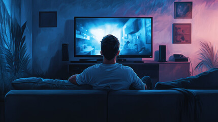 Back View of a Man Sitting on a Couch Watching Movie on His Big Flat Screen TV.
