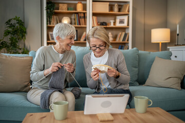 Senior women embroidering and knitting together at home
