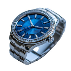 Womens Elegant Wristwatch with Blue Enamel Dial and Diamonds Isolated on Transparent Background