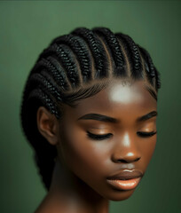 close up shot of an african american ladys scalp with braids front view on a green background