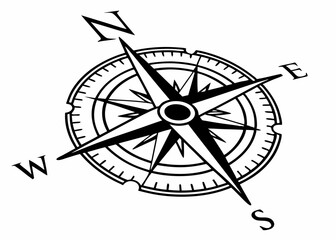 Compass rose navigation icon black and white vector illustration with cardinal direction points

