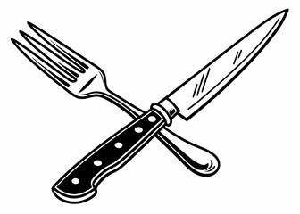 Obraz premium Knife and fork crossed classic tableware black and white vector drawing in simple style