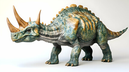 Obraz premium Detailed Sculpture of a Blue and Tan Kentrosaurus Dinosaur with Spikes and Horns on a White Background