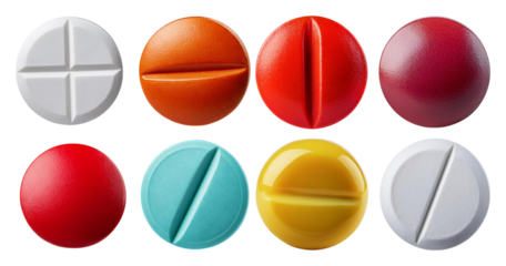 Colorful Round Tablets in Various Shades for Medical Backgrounds, isolated on transparent background