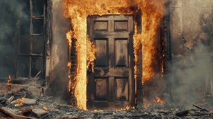 Witness the Dramatic Scene of a Wooden Door Engulfed in Flames Capturing the Intense Power of Fire and Its Impact on Everyday Objects