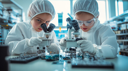 Two Engineers in Sterile Cleanroom Suits  Control Manufacturing Machinery Work and Use Microscopes for Component Adjustment and Research. They Work in an Electronic Components Manufacturing Factory.