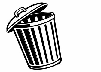 Open trash bin with tilted lid black and white vector drawing isolated on white


