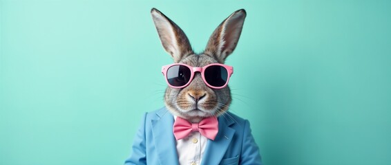 A cute rabbit dressed in a teal suit, pink tie, and stylish sunglasses, posed against a teal background, exuding charm and creativity. Perfect for themes of fashion, creativity, and unique concepts.

