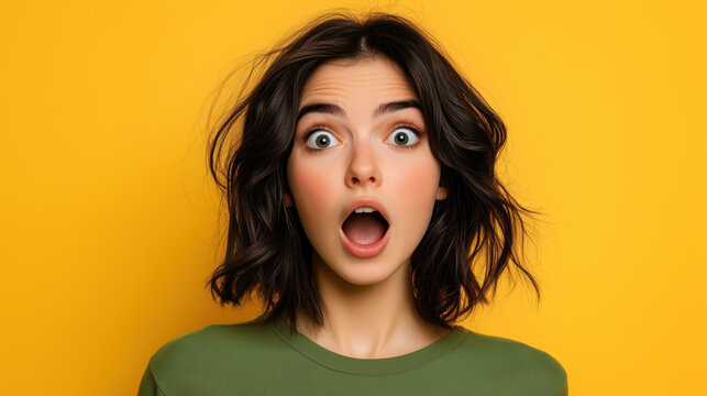 Portrait of a young woman with a surprised expression and open mouth on bright background.