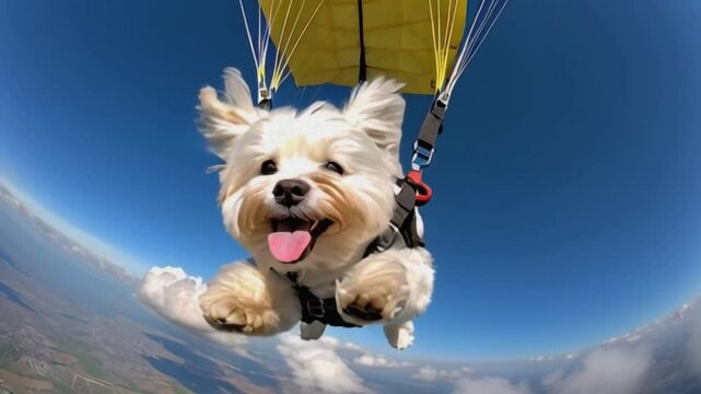 happy dog ​​flies with a parachute, wind blows fur