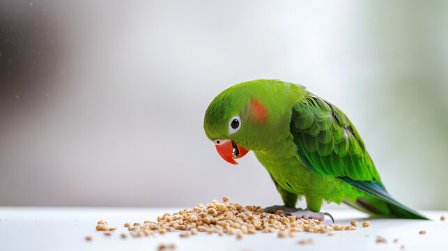 The green parrot eats food.