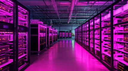 Fototapeta premium Shot of Dark Data Center With Multiple Rows of Fully Operational Server Racks. Modern Telecommunications, Cloud Computing, Artificial Intelligence, Database, Supercomputer. Pink Neon Light.