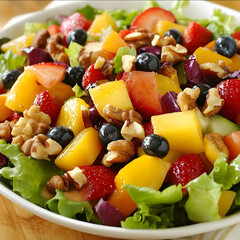 A closeup shot of a fresh salad bowl with colorful vegetables and fruits topped with nuts and a light vinaigrette dressing ar 169
