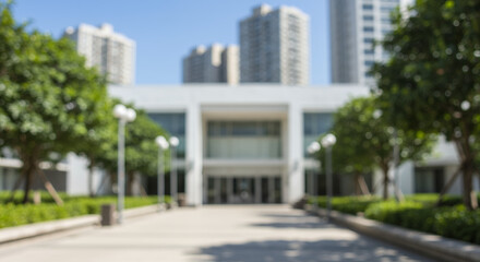 Blurred Serenity: Modern Building Facade, Lush Greenery & Urban Skyline - A Peaceful Outdoor Scene for Backgrounds & Design