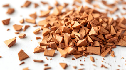 Fototapeta premium A natural display of whole sandalwood chips scattered on a white surface, showcasing their earthy fragrance and distinct texture.