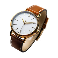 Minimalist Women's Wristwatch with Thin Gold Case and Brown Leather Strap Isolated on Transparent Background
