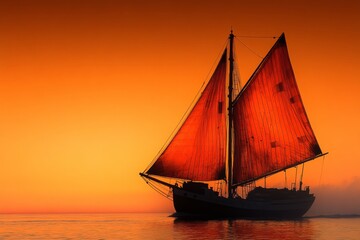 Sunset silhouette of sailboat against orange sky with red sail unfurled