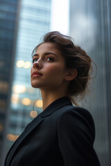 Confident Young Businesswoman in Black Suit Standing in Urban Cityscape
