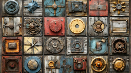 Eclectic Collage of Varied Geometric Patterns and Textures Featuring Distressed Wood Aged Metal Surfaces and Rustic Industrial Elements in a Detailed Square Mosaic