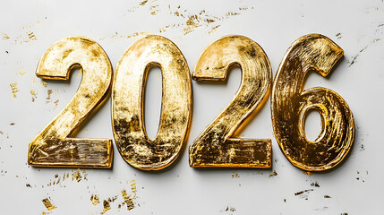 Golden 2026 Numbers with Metallic Texture and Glitter Splashes on White for New Year Celebration and Festive Graphic Designs