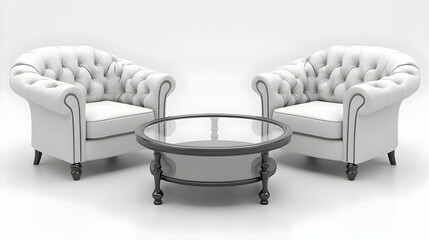 Elegant White Chesterfield Chairs and Glass Table on White Background in Studio Setup for Luxury Interior Design and Comfortable Living Room Decor