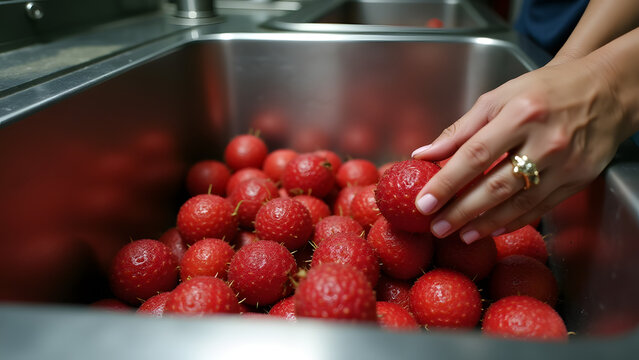 "Factory light polishes pulasan fruits in a steel sink's liquid assembly line. Water jets and quality control hands ensure each hairy red jewel meets export standards."