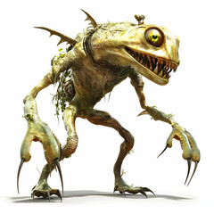 Fototapeta premium Fierce Creature with Sharp Claws and Yellow Eyes Isolated Against a White Background Revealing Intricate Scales and Menacing Features