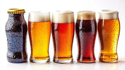 Refreshing Cold Beer Selection Pint Glasses Bottle Variety Pack Brewery Craft Beer Assortment Golden Amber Brown Dark Beer Refreshing Drinks Beverage Alcohol ale IPA bar pub foam menu food lager stout