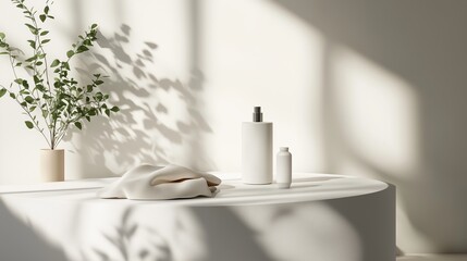 Fototapeta premium Minimalist home decor with plants and white objects creating soothing atmosphere in natural light