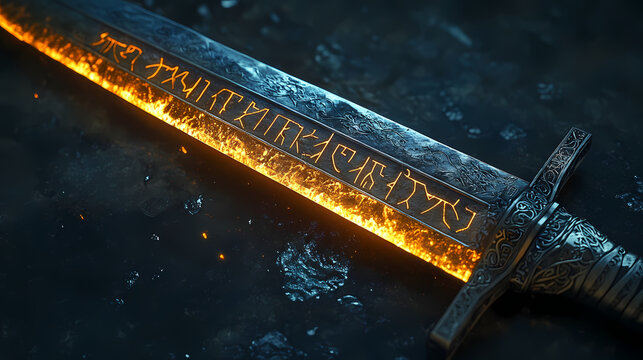 An ancient powerful sword with runes from a long forgotten language. the sword contains great magical power and the runes glow forgotten languages & glyphs. illustration. Forgotten Runes. Illustration
