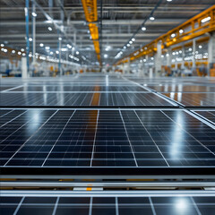 a full view of a factory where black solar panels are being manufactured in 8k high resolution magazine photo