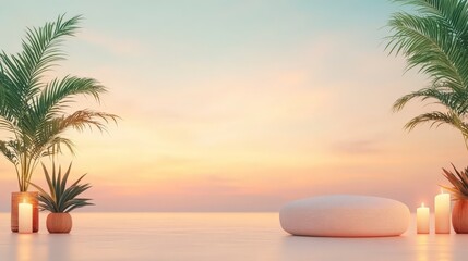 Tranquil outdoor scene with palm trees, candles, and a soft sunset sky reflecting on water.