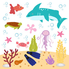 Vector set of sea animals, fish, turtles, shark, jellyfish, seaweed, shells. Ocean animals, underwater world. Marine life. bubbles. Human flippers. Vector collection of ocean inhabitants in flat style