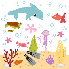 Vector set of sea animals, fish, turtles, dolphin, jellyfish, seaweed, shells. Ocean animals, underwater world. Marine life. bubbles. Human flippers. Vector collection of ocean inhabitants in flat sty