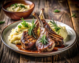 Delicious lamb chops with mashed potatoes and rosemary on wooden background