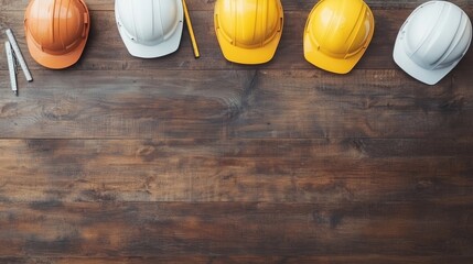 Construction helmets arranged on wooden surface for property renovation projects