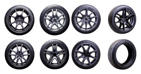 Collection of Various Car Rims and Tires on Black Background, PNG bundle collection, Isolated on Transparent Background