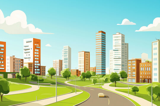 Illustration of a city with high-rise buildings, green lawns and a road.