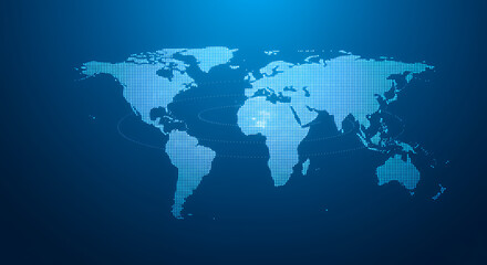 Fototapeta premium Dotted World Map: Global Network, Connection, and Digital Earth Visualization in Blue.