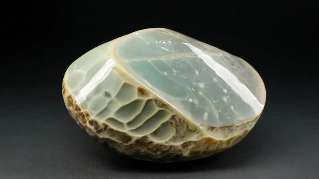 A polished, translucent Tridacna stone with a smooth surface, displaying a mix of light green and beige colors. The stone has a glossy finish and is set against a dark background.