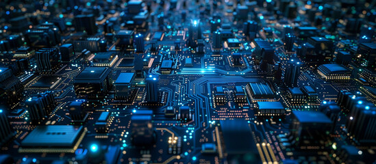 Abstract computer technology blue background banner futuristic business data technology modern concept, circuit board shape lines connecting link structure dark blue contrast