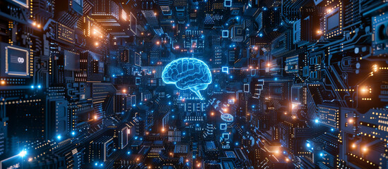 Abstract computer technology blue background banner futuristic business data technology modern concept, circuit board shape lines connecting link structure dark blue contrast