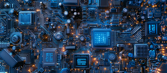 Abstract computer technology blue background banner futuristic business data technology modern concept, circuit board shape lines connecting link structure dark blue contrast