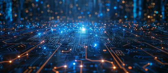 Abstract computer technology blue background banner futuristic business data technology modern concept, circuit board shape lines connecting link structure dark blue contrast