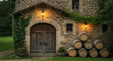 Old winery facade with stone building, wooden door, lit lanterns and barrels for local tourism marketing, countryside travel destination and wine production concept