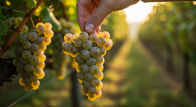 Man holds white grape bunch in vineyard at sunset for wine production concept. Agriculture scenic with rows of vines for food business and product promotion