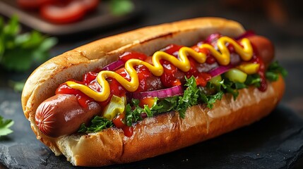 Delicious Grilled Hot Dog with Mustard Ketchup Relish Onions and Lettuce in a Toasted Bun Classic American Fast Food Restaurant Style Hotdog Meal Image red pork beef tasty lunch snack brown juicy     